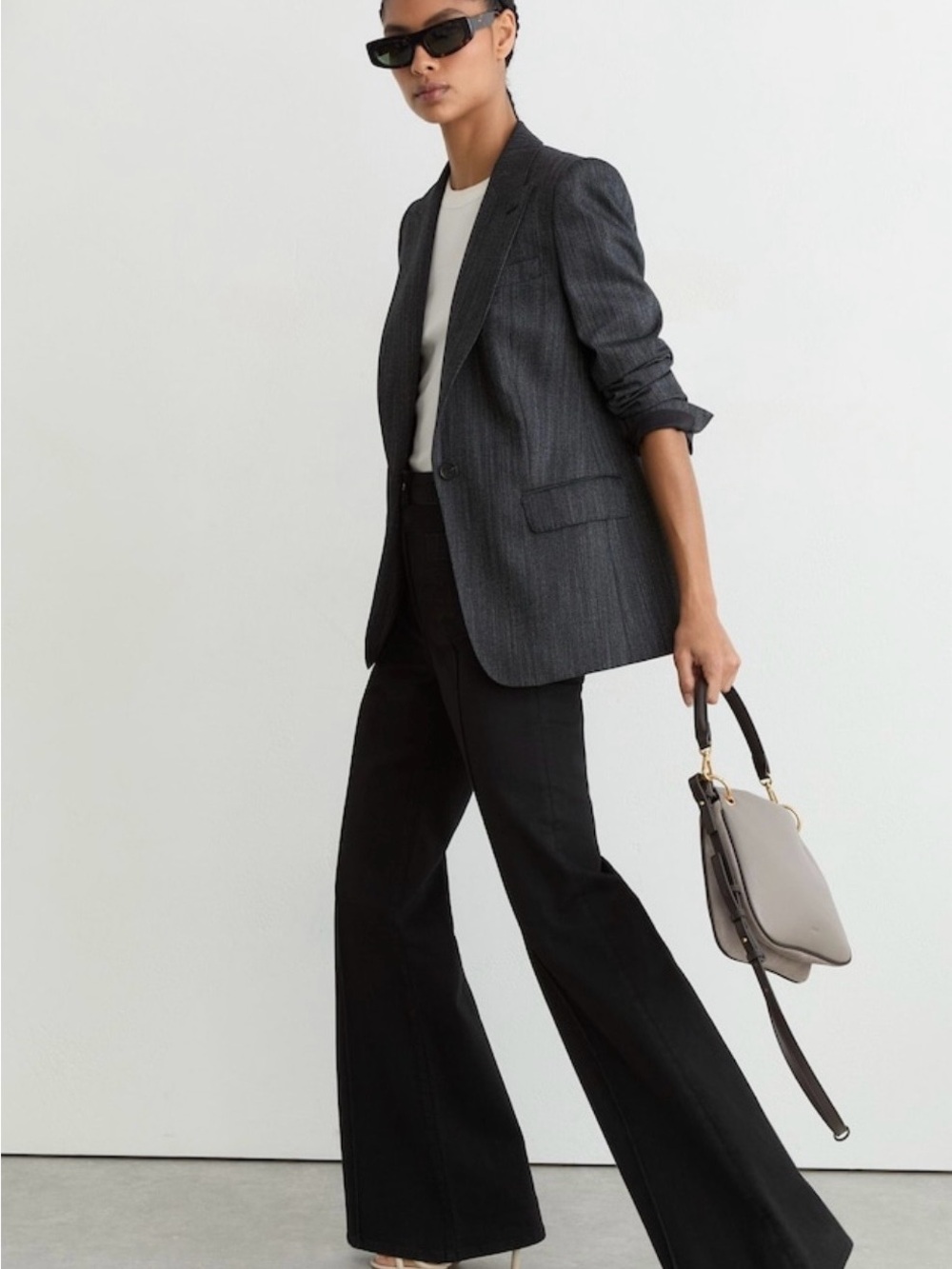 Reiss Black Wide-Leg Trousers with High Waist